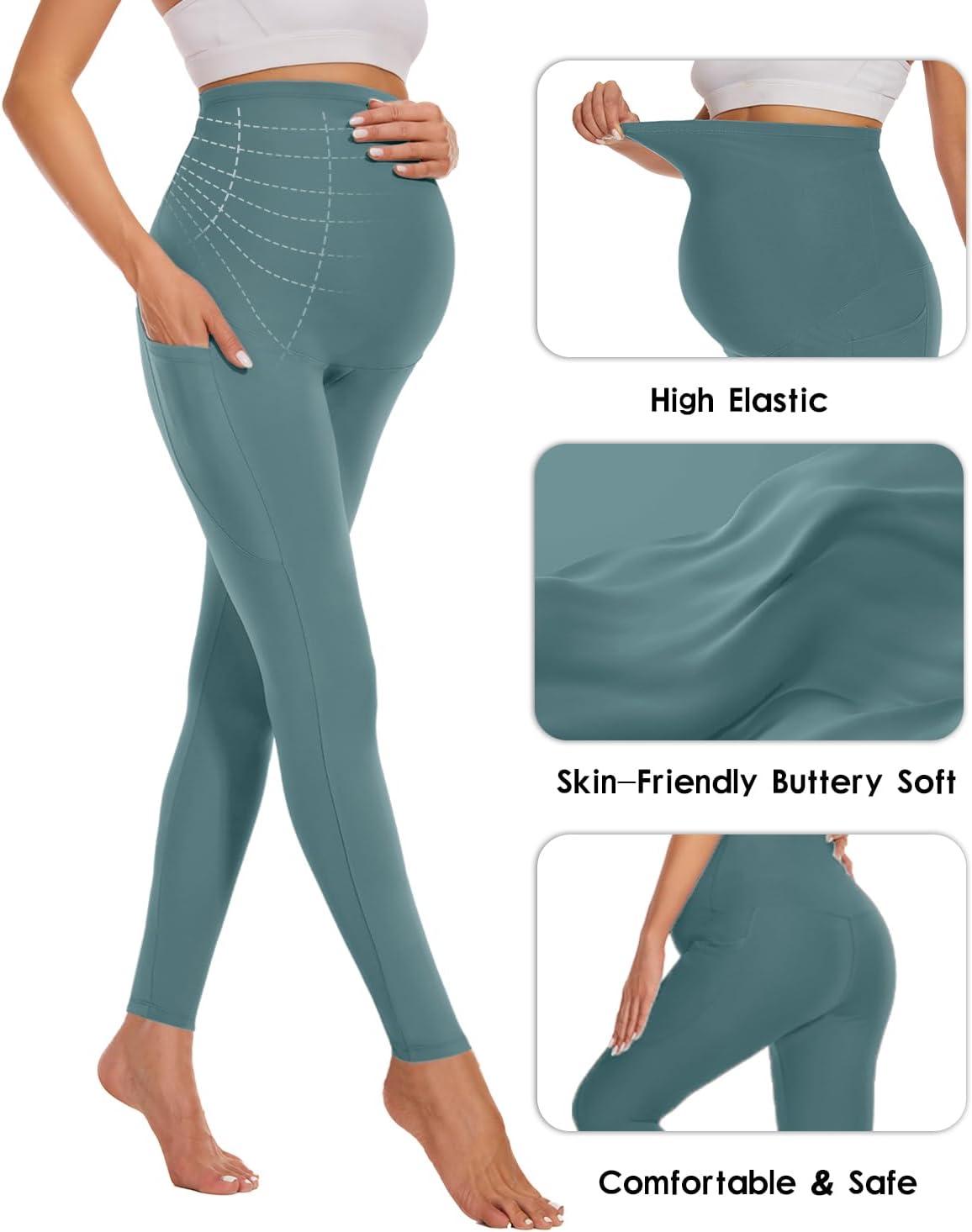 imageHi Clasmix Buttery Soft Maternity Leggings Over The Belly with PocketsNonSeeThrough Workout Pregnancy Yoga Pants41 Pack Lake Blue