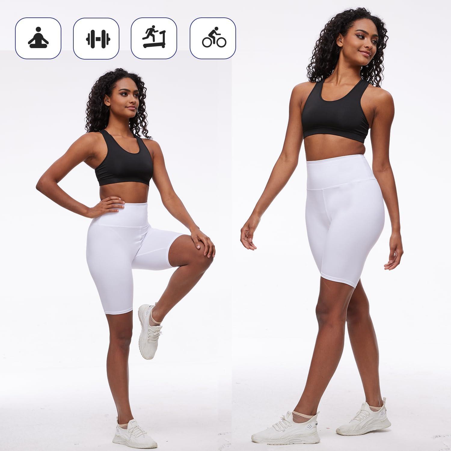 imageHigh Waist Workout Biker Shorts for WomenDual Pockets Tummy Control Yoga Gym Running PantsNon SeeThrough Soft Leggings 2 BlackGreyWhite3 PackLarge