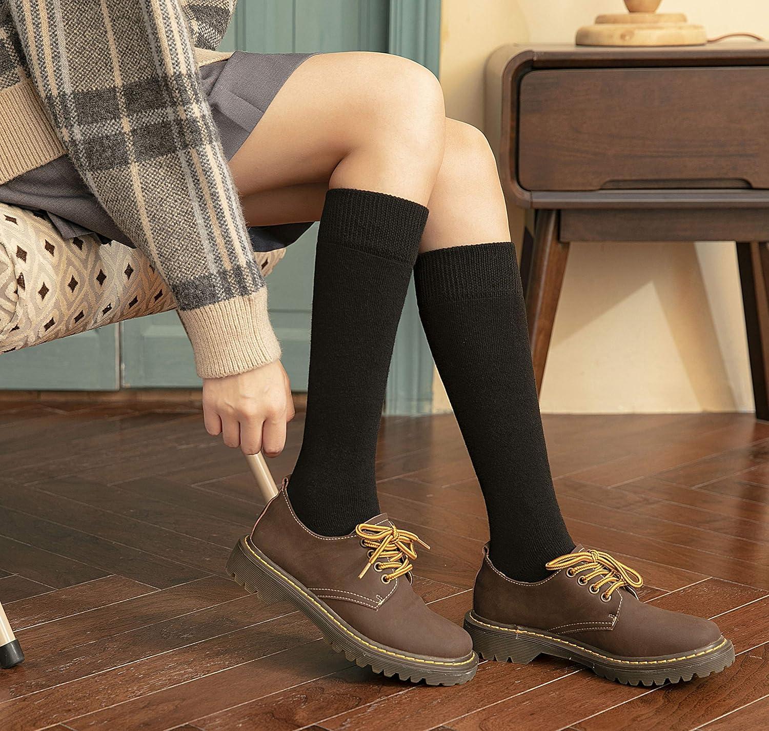 imageWarm Knee High Socks for WomenThermal Cotton Socks for HikingWorkWinterGifts5 Black Pack Women