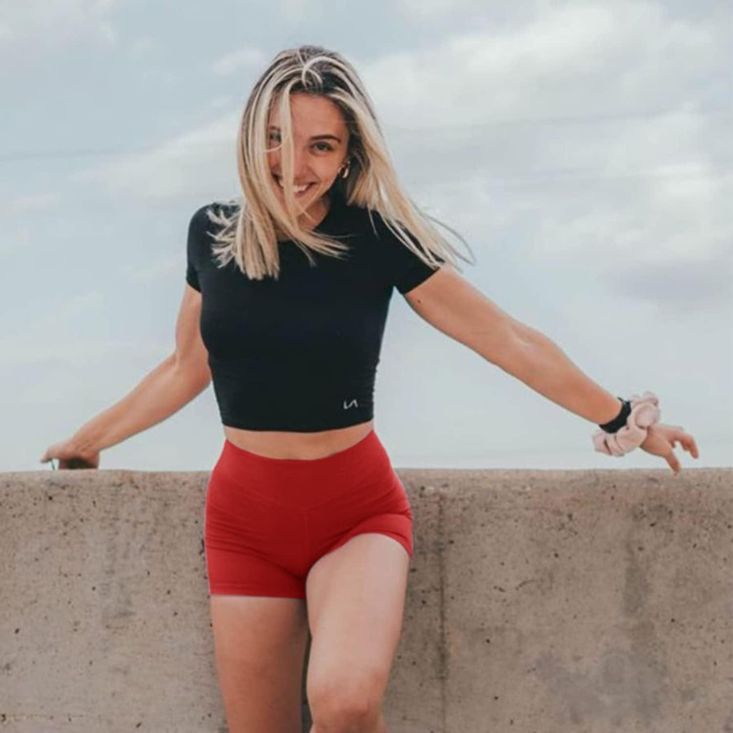 imageWomens 3quot5quot High Waisted Biker Shorts Spandex Yoga Workout Cycling Volleyball Dance Athletic Booty Shorts3red