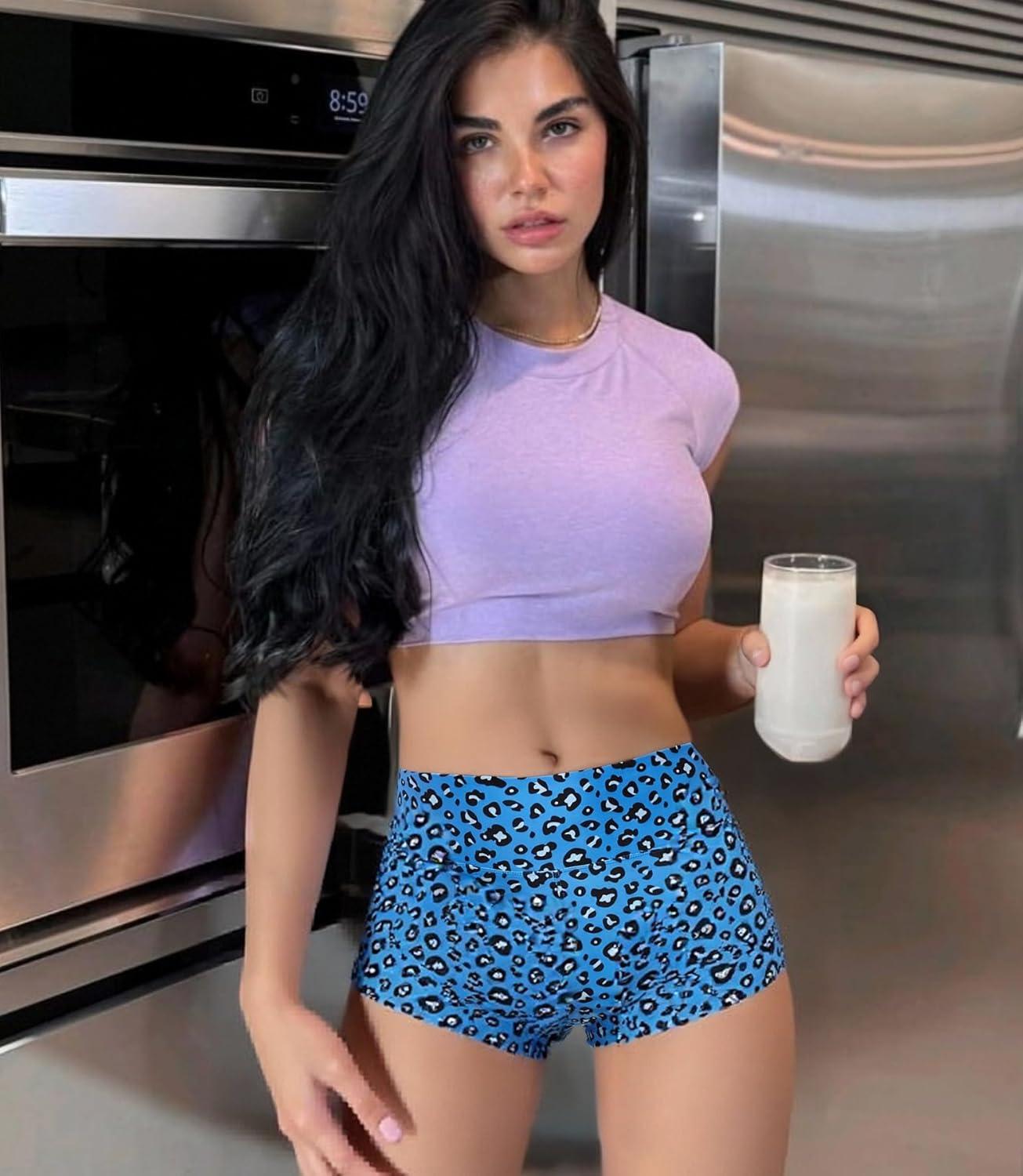 imageWomens 3quot5quot High Waisted Biker Shorts Spandex Yoga Workout Cycling Volleyball Dance Athletic Booty ShortsKlein Blue Leopard