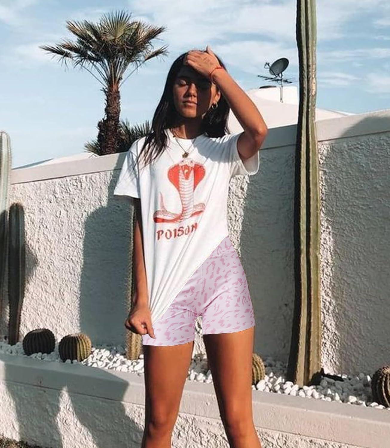 imageWomens 3quot5quot High Waisted Biker Shorts Spandex Yoga Workout Cycling Volleyball Dance Athletic Booty ShortsPink Leopard