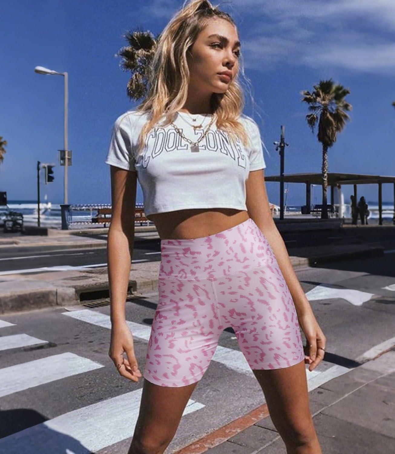 imageWomens 3quot5quot High Waisted Biker Shorts Spandex Yoga Workout Cycling Volleyball Dance Athletic Booty ShortsPink Leopard