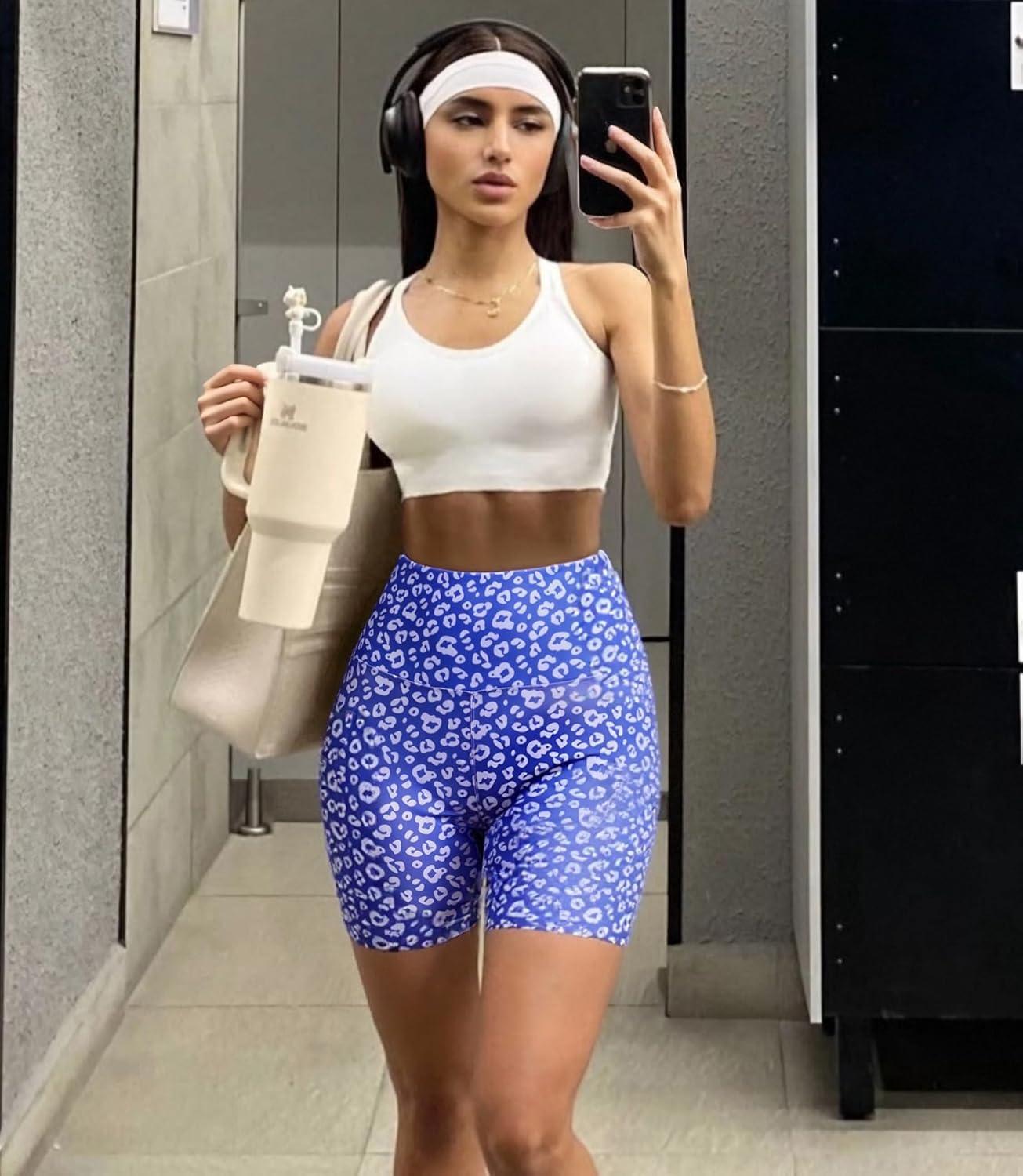 imageWomens 3quot5quot High Waisted Biker Shorts Spandex Yoga Workout Cycling Volleyball Dance Athletic Booty ShortsPurple Leopard