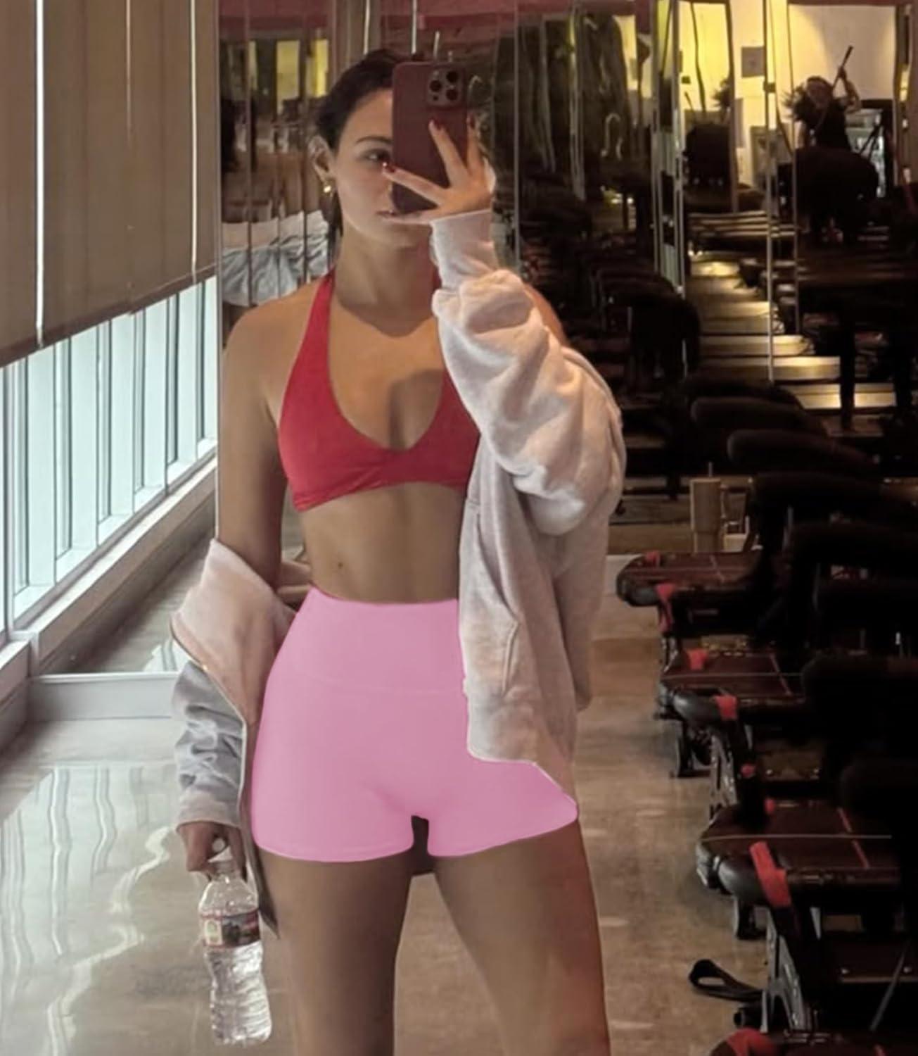 imageWomens 3quot5quot High Waisted Biker Shorts Spandex Yoga Workout Cycling Volleyball Dance Athletic Booty ShortsSakura Pink