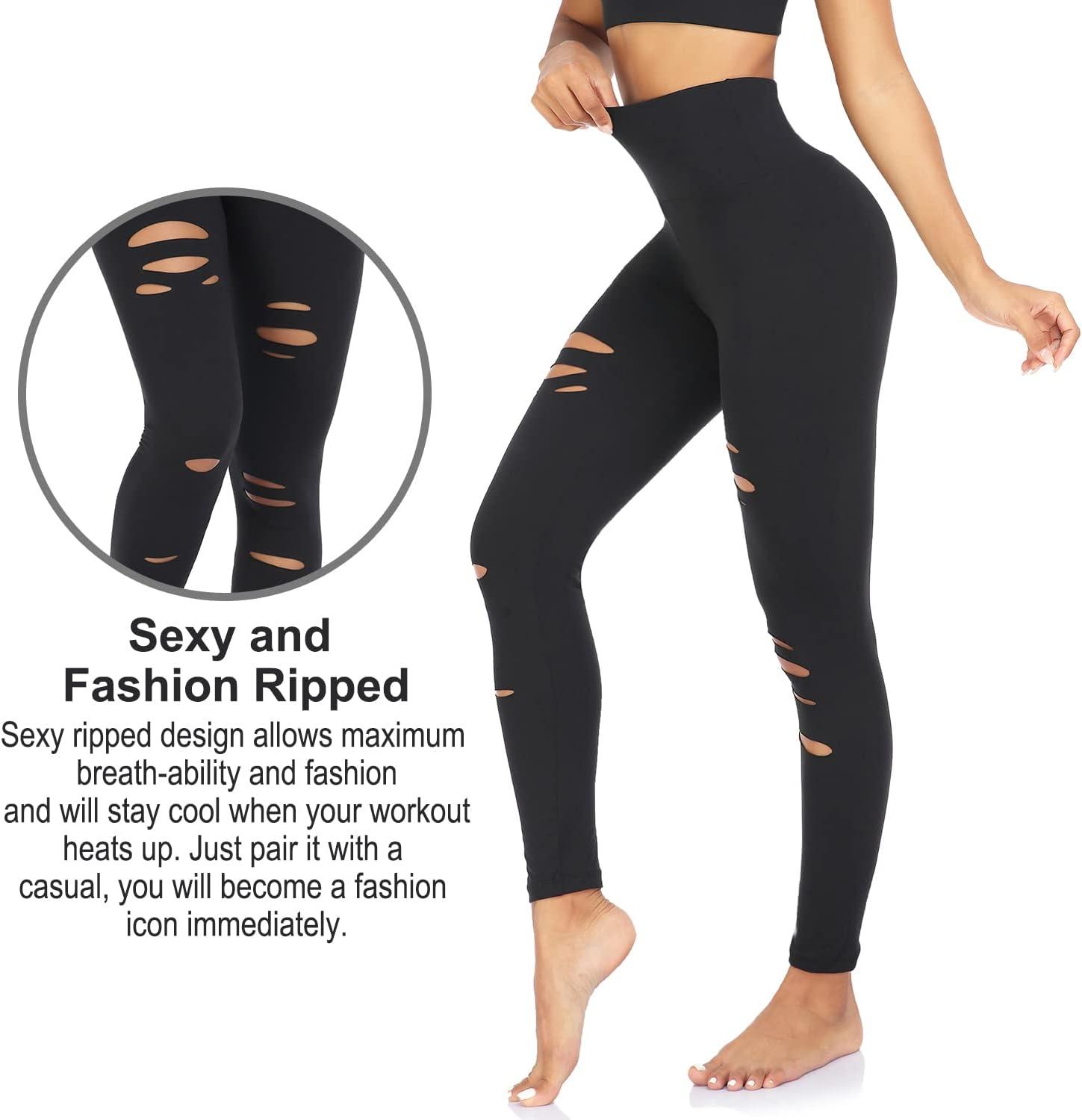 imageWomens High Waist Yoga Pants Cutout Ripped Tummy Control Workout Running Yoga Skinny Leggings