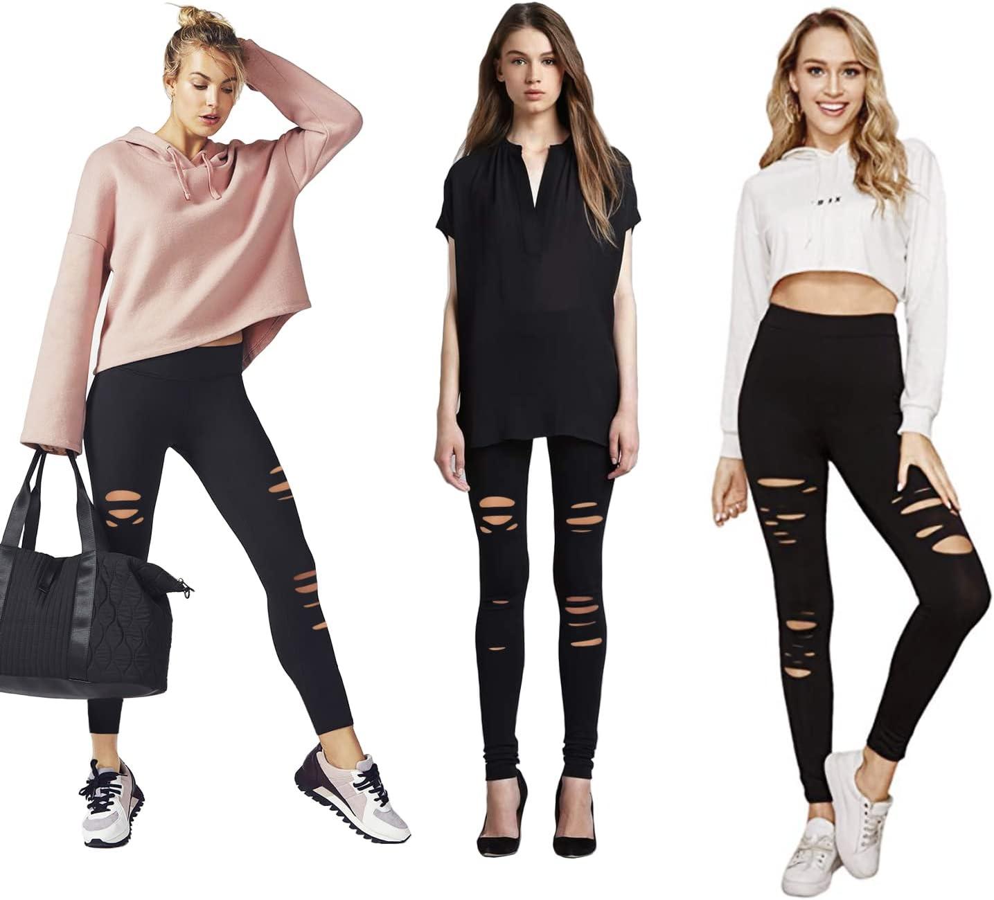 imageWomens High Waist Yoga Pants Cutout Ripped Tummy Control Workout Running Yoga Skinny Leggings