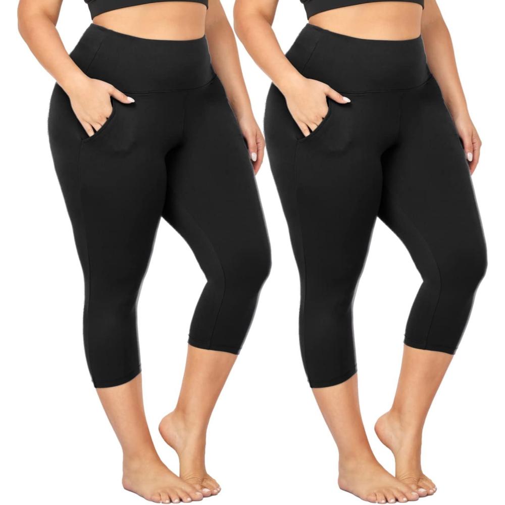 image2 Pack Plus Size Capri Leggings for Curvy Women 1X4X High Waisted Tummy ControlampampSoft Yoga Workout Gym Tights Pants12 Pack Black Leggings With Pockets