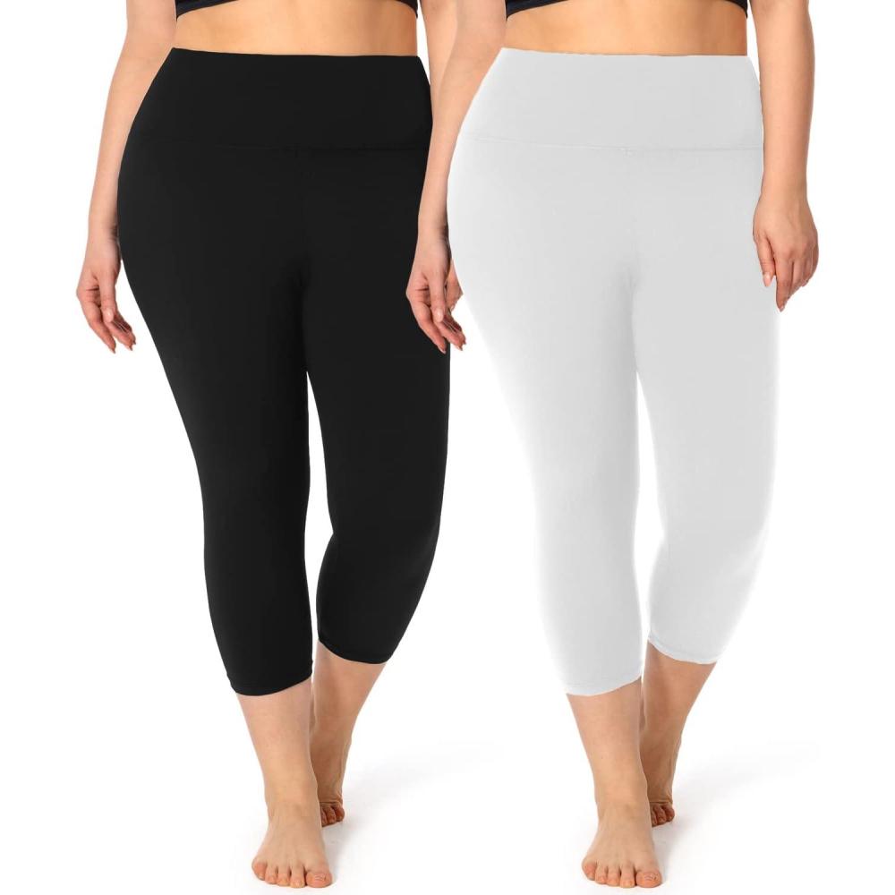 image2 Pack Plus Size Capri Leggings for Curvy Women 1X4X High Waisted Tummy ControlampampSoft Yoga Workout Gym Tights Pants32 Pack Blackwhite