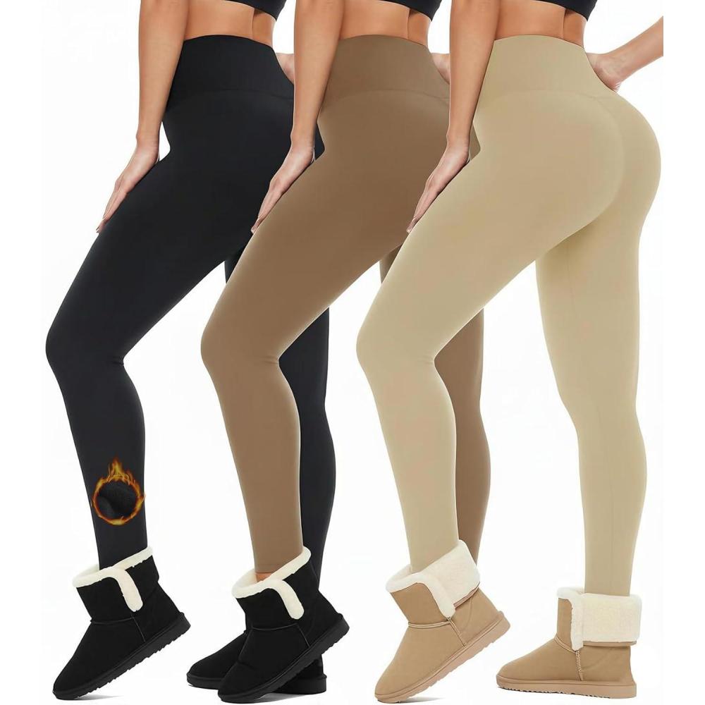 image3 Pack High Waisted Leggings for Women Full Length Capri Black Buttery Soft Tummy Control Yoga Pants for Workout Athletic1be3 Pack Fleece Lined Apricot khaki brown