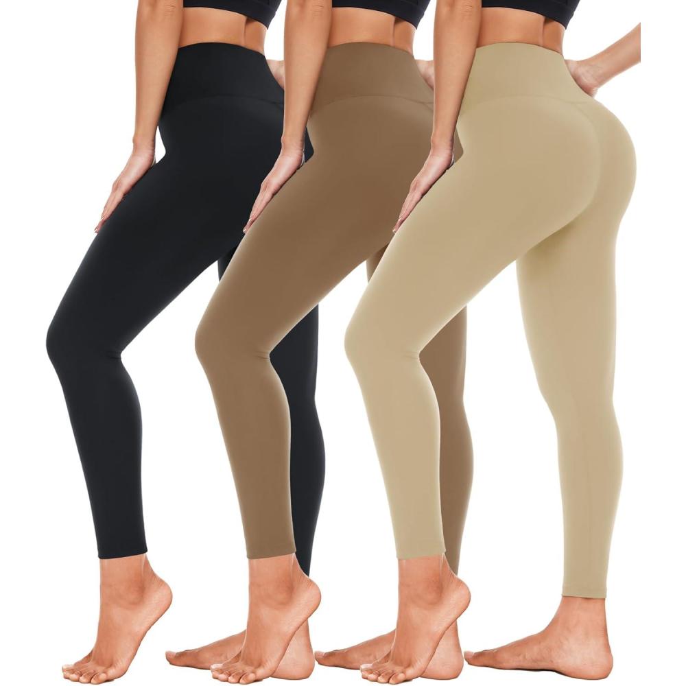 image3 Pack High Waisted Leggings for Women Full Length Capri Black Buttery Soft Tummy Control Yoga Pants for Workout Athletic1e33 Pack Black khaki apricot