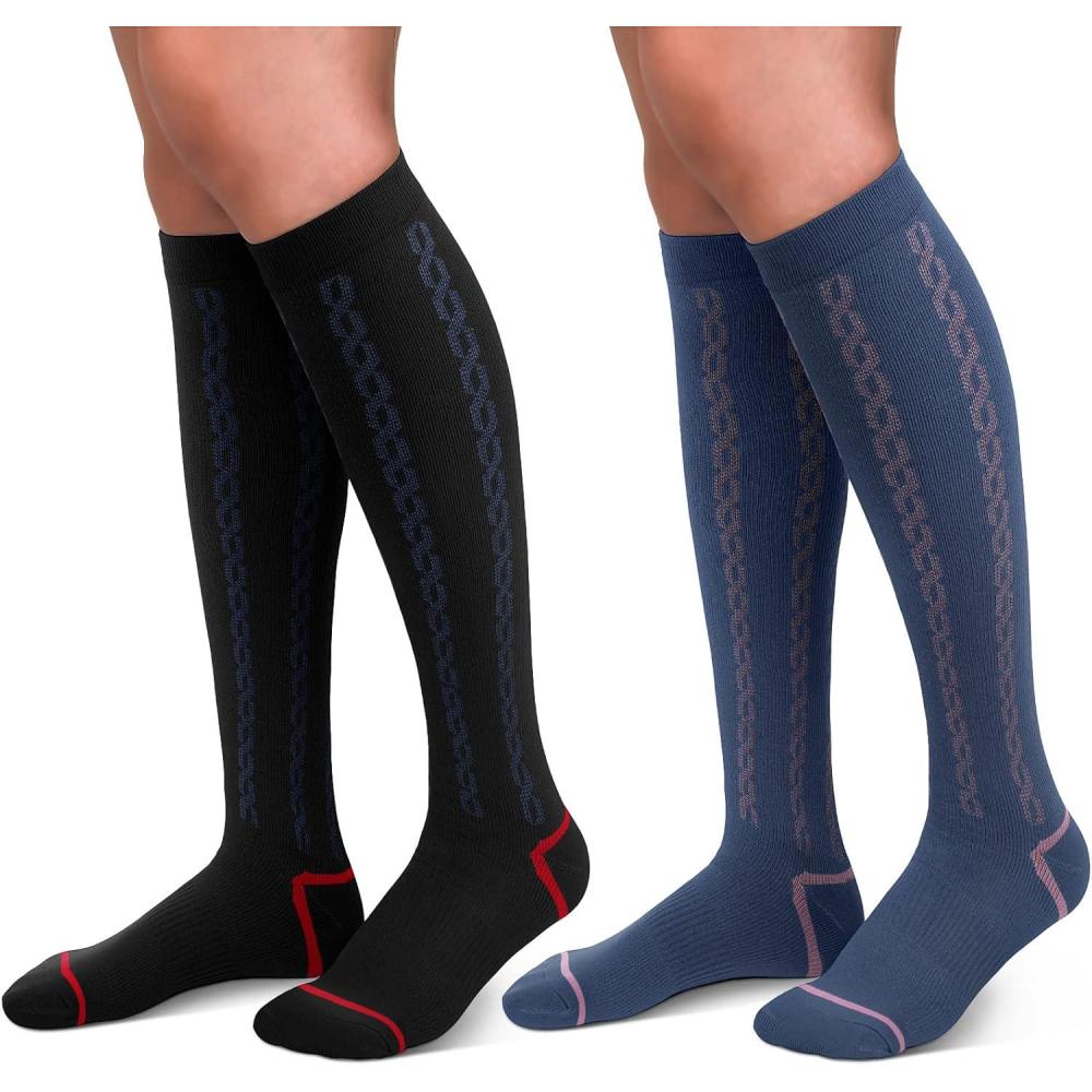 image3040mmHg Medical Graduated Compression Socks for WomenampampMen CirculationCompression Stockings Knee High Socks for SupportHikingRunning2 Pack Strip Black NavyLXL
