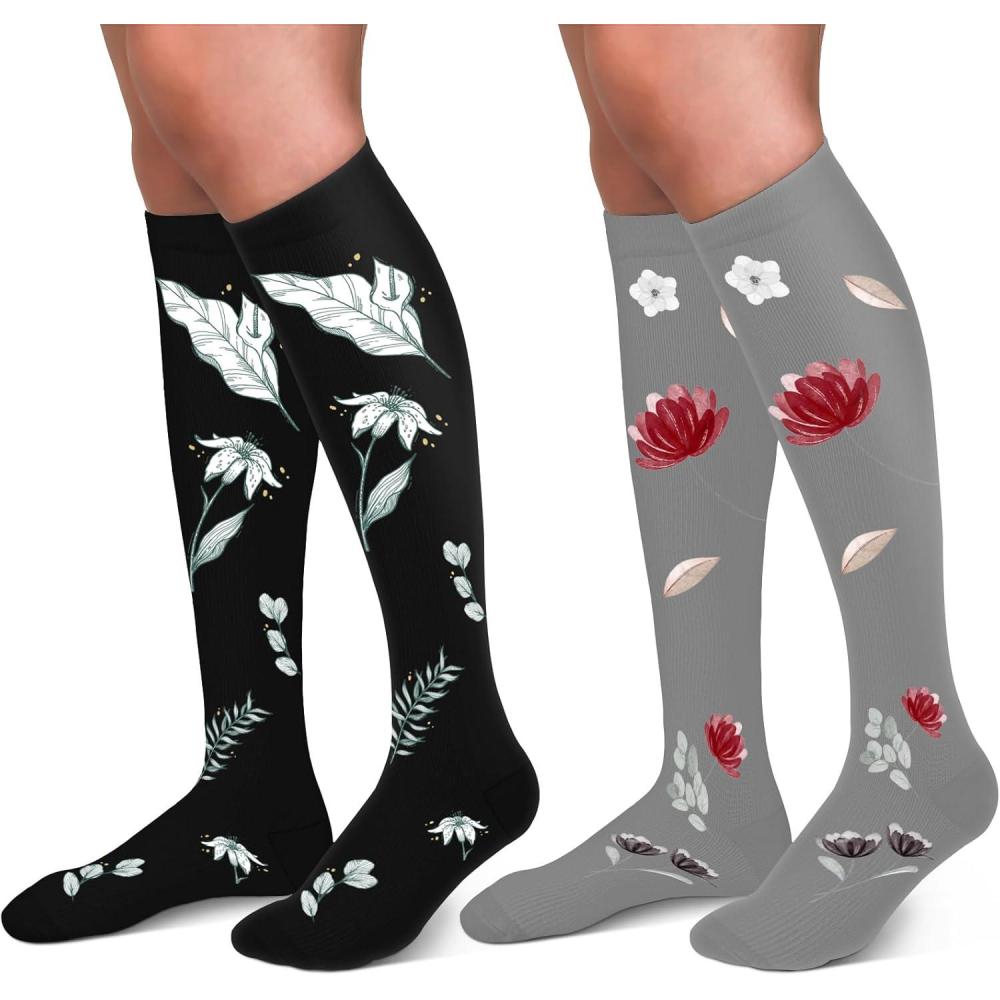 image3040mmHg Medical Graduated Compression Socks for WomenampampMen CirculationCompression StockingsKnee High Socks for SupportHikingRunning72 Pack Flowers Black grey