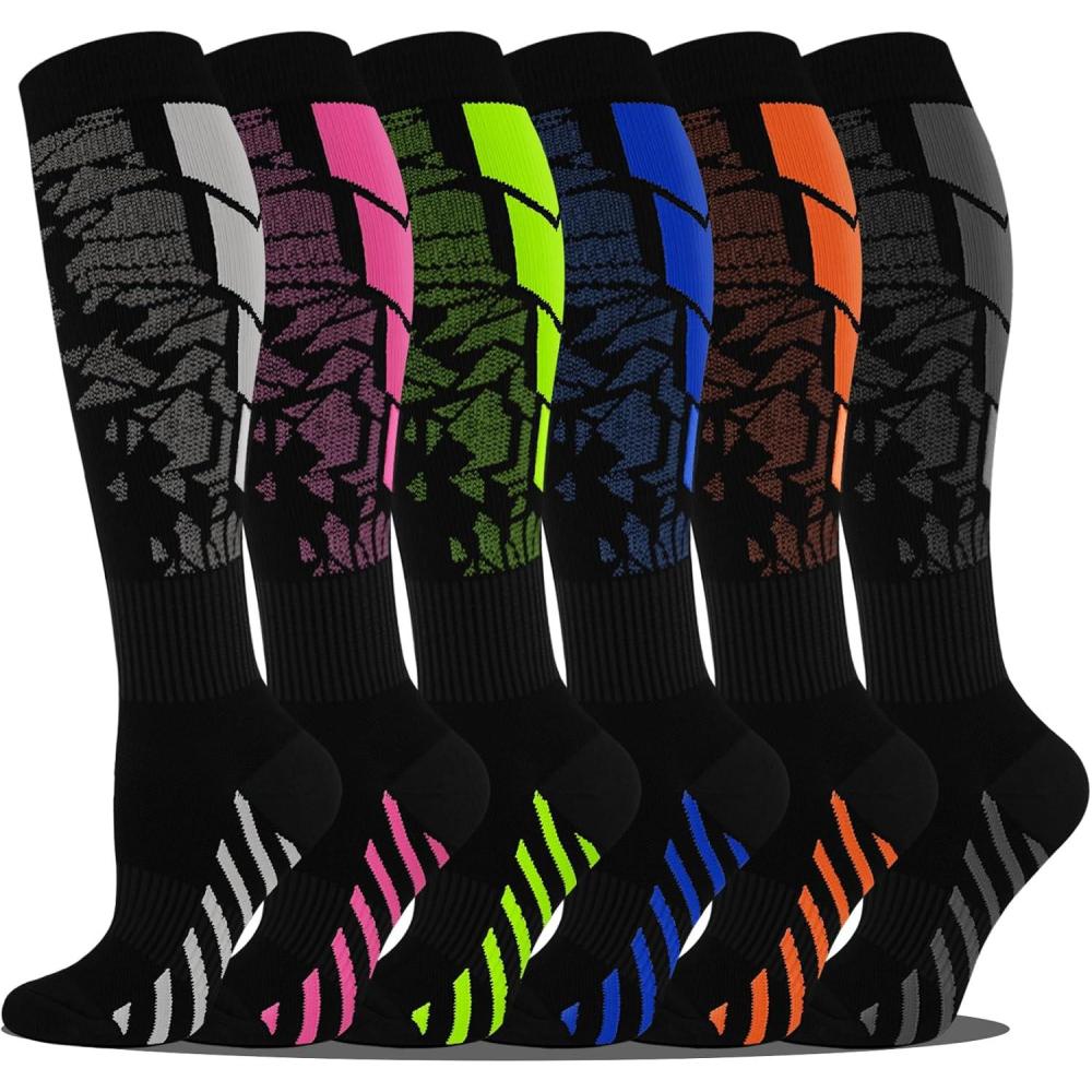 imageGraduated Compression Socks for WomenampampMen 2030mmhg Knee High Socks Travel Hiking Running Stocking066 Pairs Multi Stripe 02