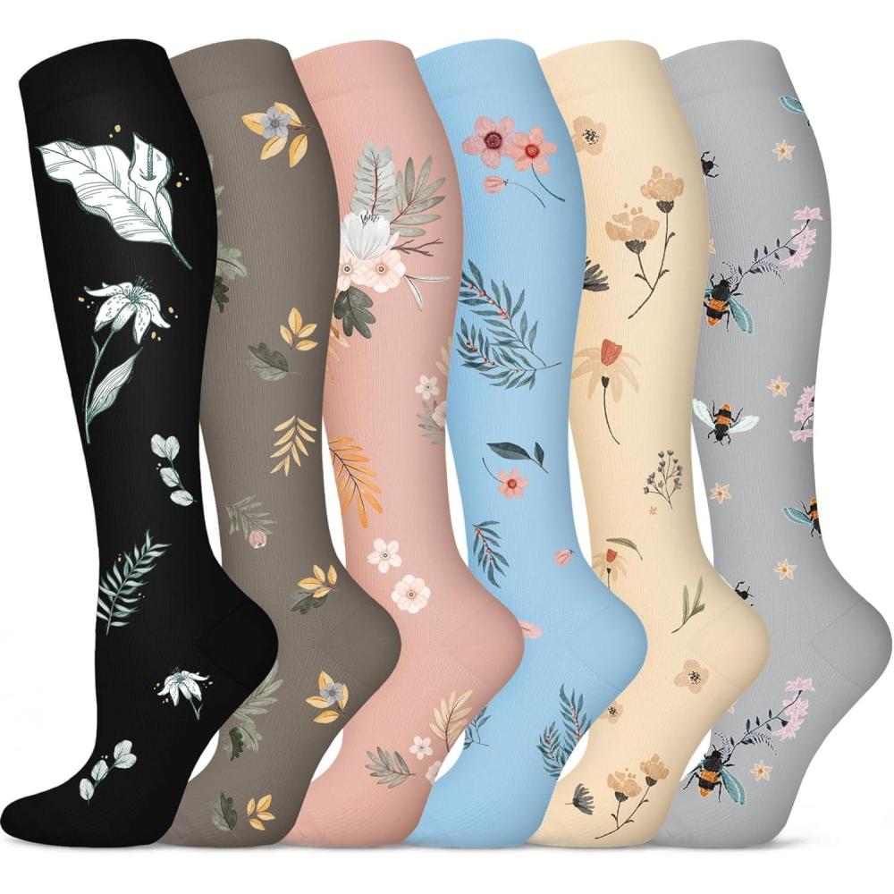 imageGraduated Compression Socks for WomenampampMen 2030mmhg Knee High Socks Travel Hiking Running Stocking086 Pairs Flower Series 01