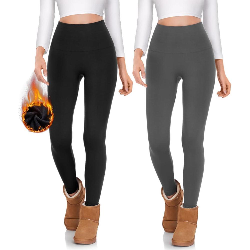 imageHi Clasmix 2 Pack Fleece Lined Leggings WomenHigh Waisted Tummy Control Seamless Winter Thermal Warm Workout Yoga PantsBlackGreySM