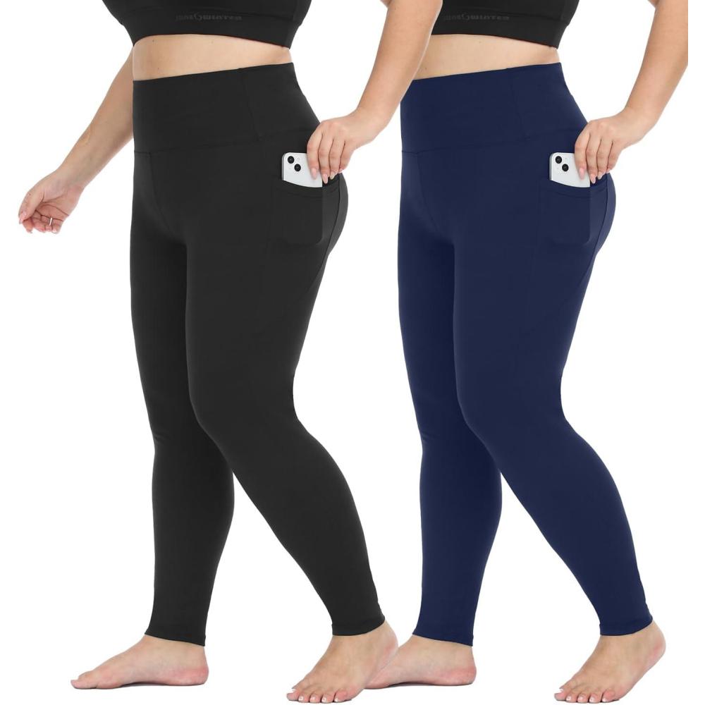 imageHi Clasmix 2 Pack Plus Size Leggings for WomenHigh Waisted Tummy Control 1X4X Soft Casual Yoga Pants for Curvy Women01b112 Pack Black Navy Pockets