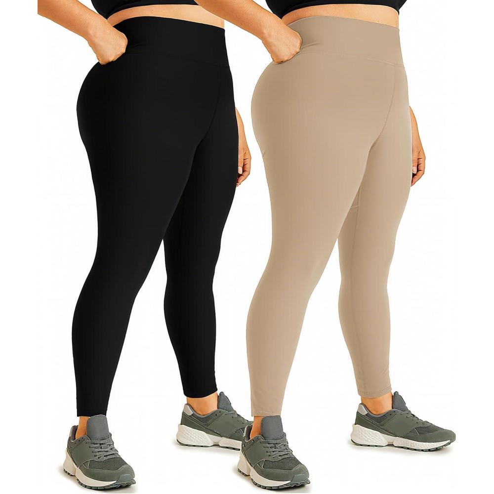 imageHi Clasmix 2 Pack Plus Size Leggings for WomenHigh Waisted Tummy Control 1X4X Soft Casual Yoga Pants for Curvy Women01ba2 Pack Black Apricot