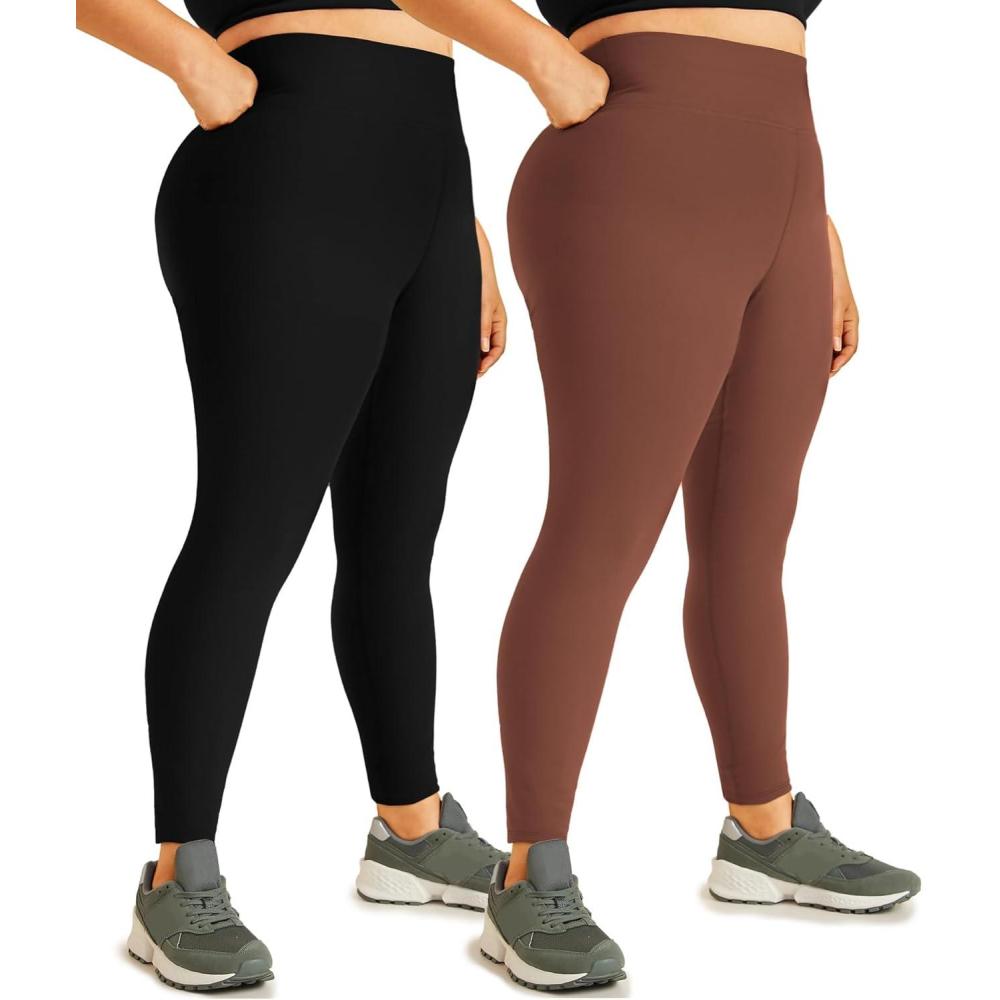 imageHi Clasmix 2 Pack Plus Size Leggings for WomenHigh Waisted Tummy Control 1X4X Soft Casual Yoga Pants for Curvy Women01ba2 Pack Black Brown