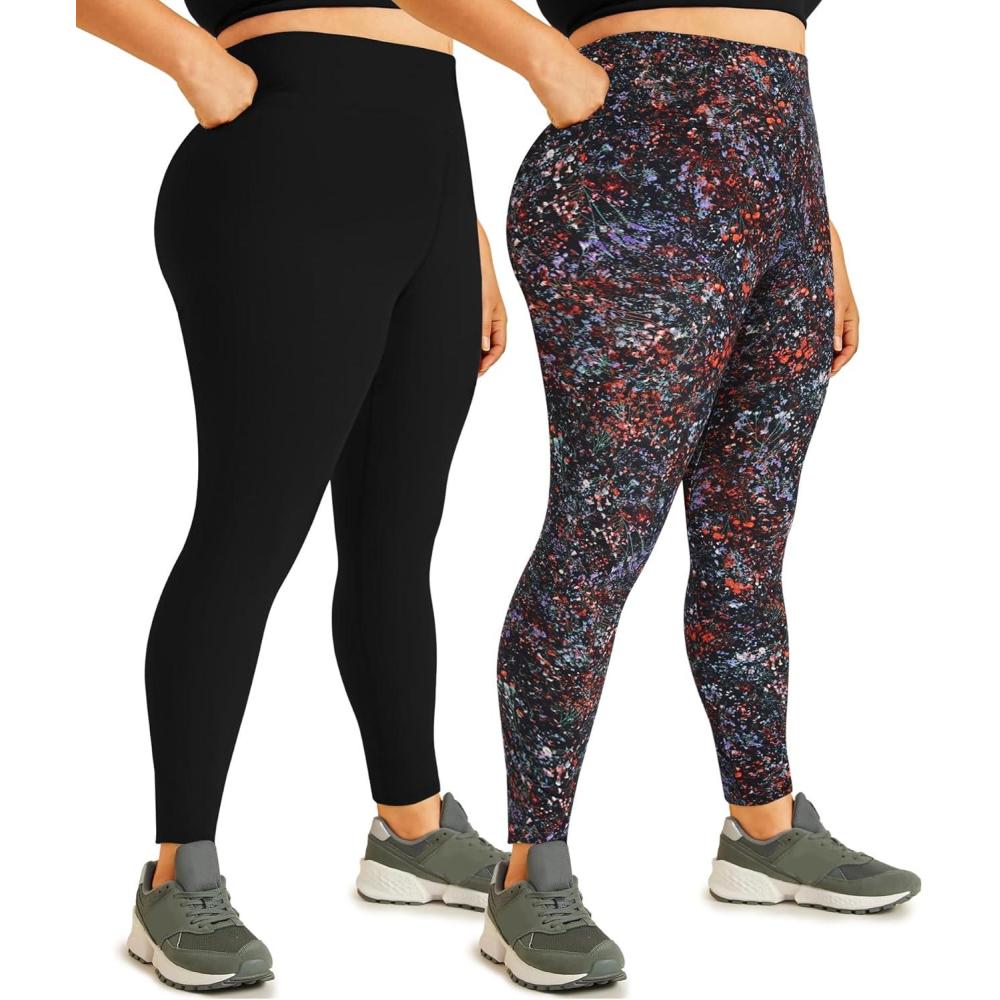 imageHi Clasmix 2 Pack Plus Size Leggings for WomenHigh Waisted Tummy Control 1X4X Soft Casual Yoga Pants for Curvy Women01ba2 Pack Black Floral