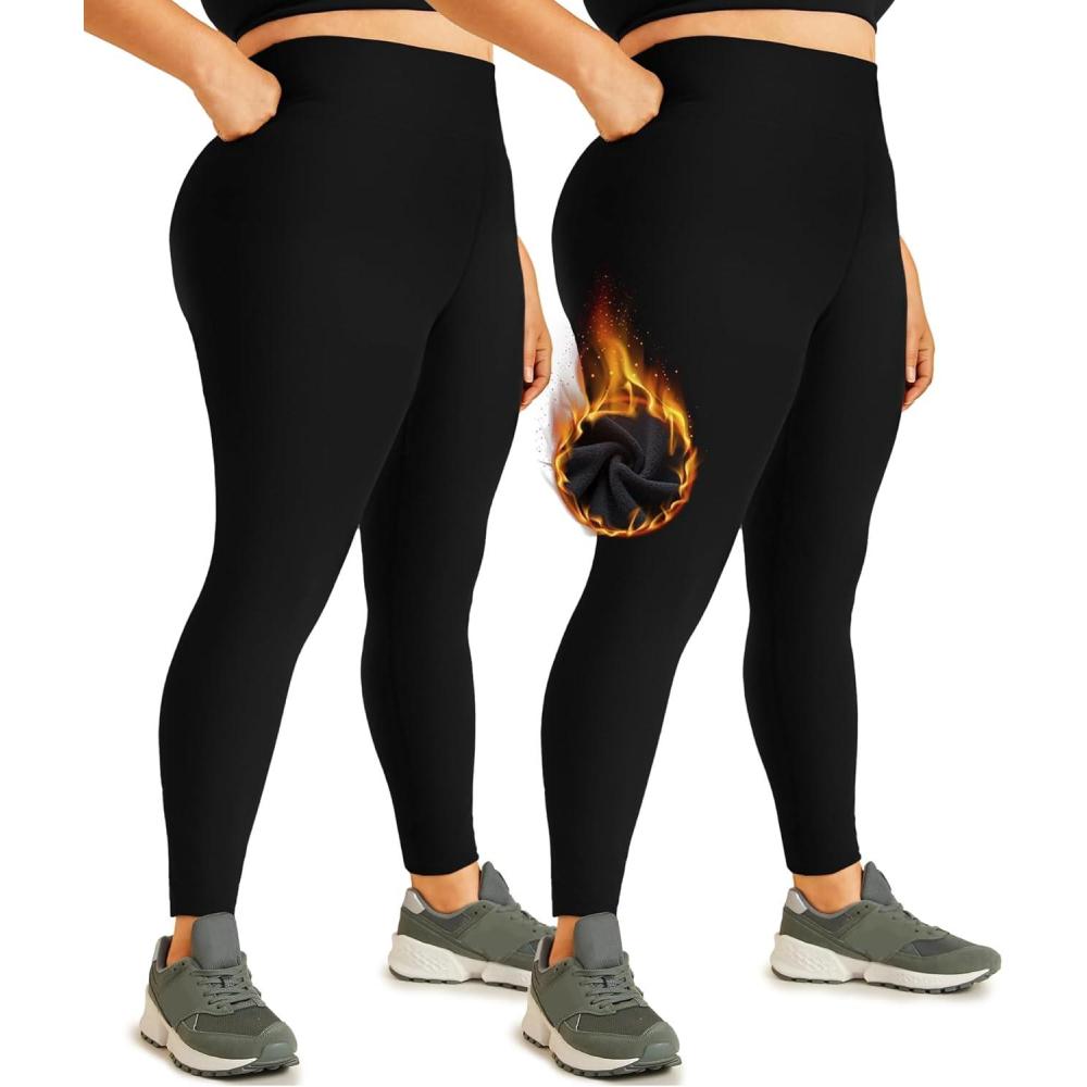 imageHi Clasmix 2 Pack Plus Size Leggings for WomenHigh Waisted Tummy Control 1X4X Soft Casual Yoga Pants for Curvy Women01bc2 Pack Fleece Black