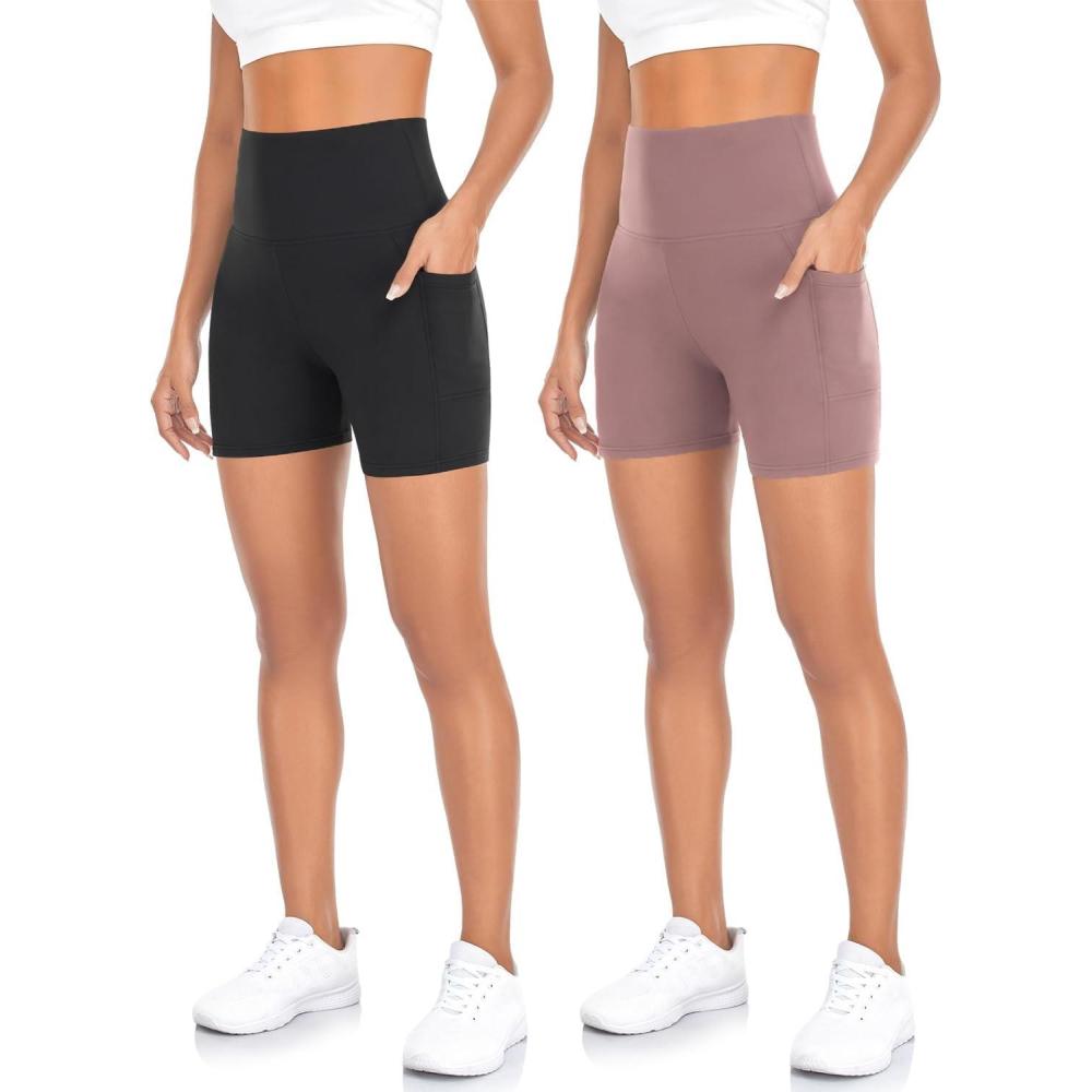 imageHi Clasmix 2 Piece Workout Shorts for Women5 Inch High Waist Pockets Buttery Soft Tummy Control Athletic Biker Gym Yoga Short Pants2 Pack BlackPinkSmallMedium