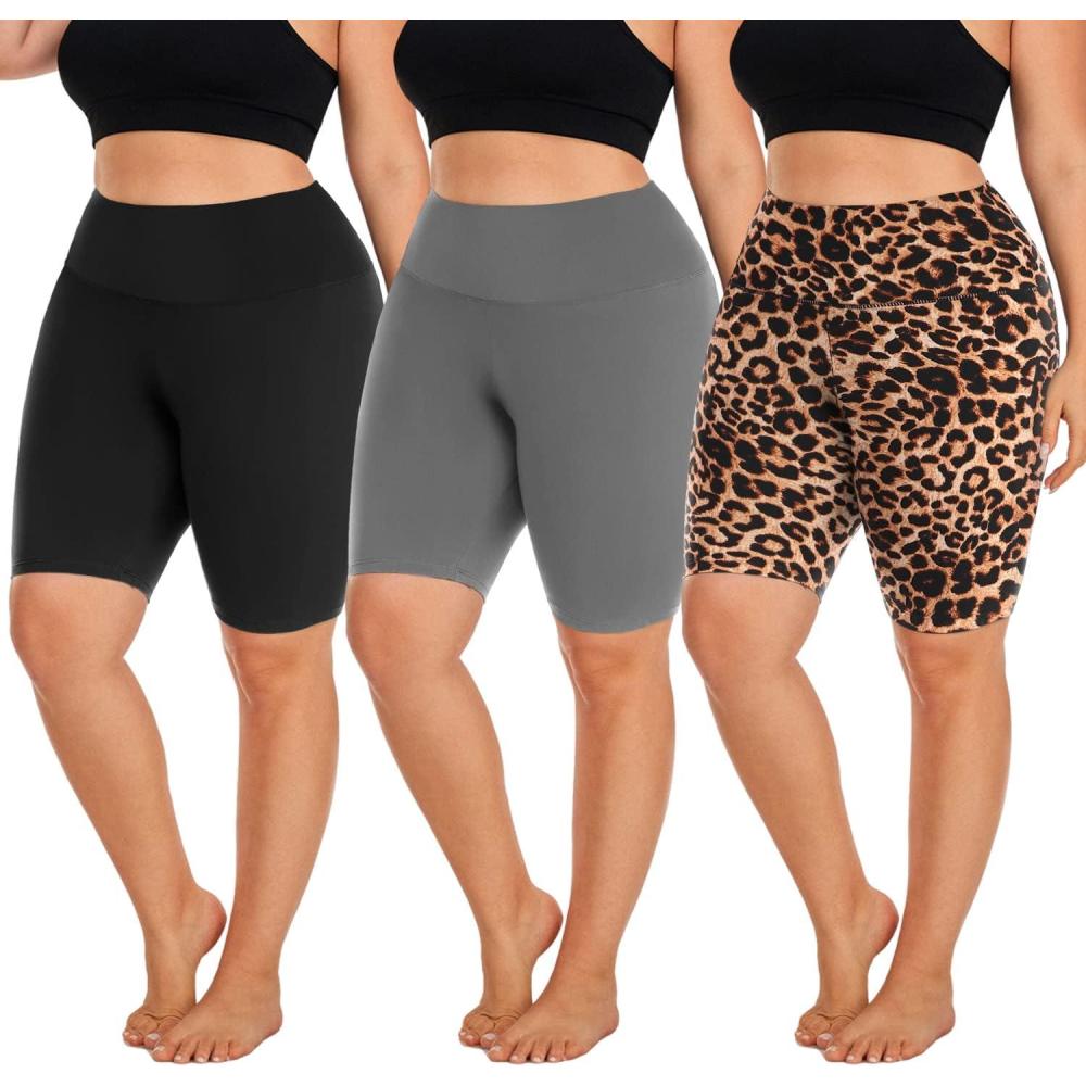 imageHi Clasmix 3 Pack Plus Size Biker Shorts for Women1X4XHigh Waisted NonSee Through Workout Super Soft Black Yoga Shorts53 Pack Blackgreyleopard