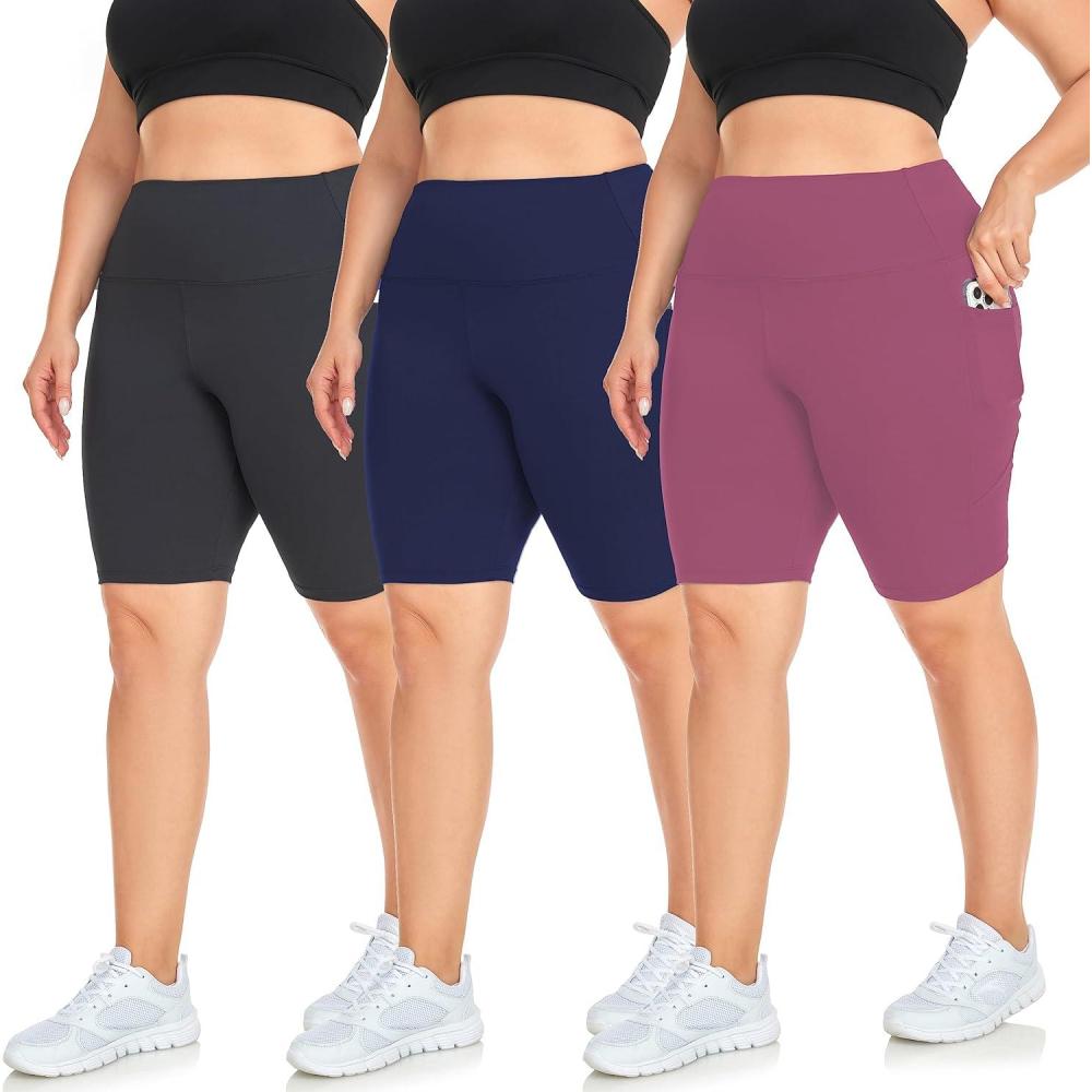 imageHi Clasmix 3 Pack Plus Size Biker Shorts for Women1X4XHigh Waisted NonSee Through Workout Super Soft Black Yoga Shorts73 Pack Blacknavypink With Pockets