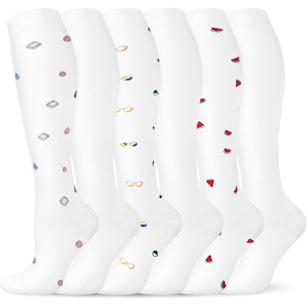 imageHi Clasmix 6 Pairs Compression Socks for WomenampampMen 2030mmhg Best for CirculationPregnancyMediaNurseRunningTravel6 Pairs White CartoonSmallMedium