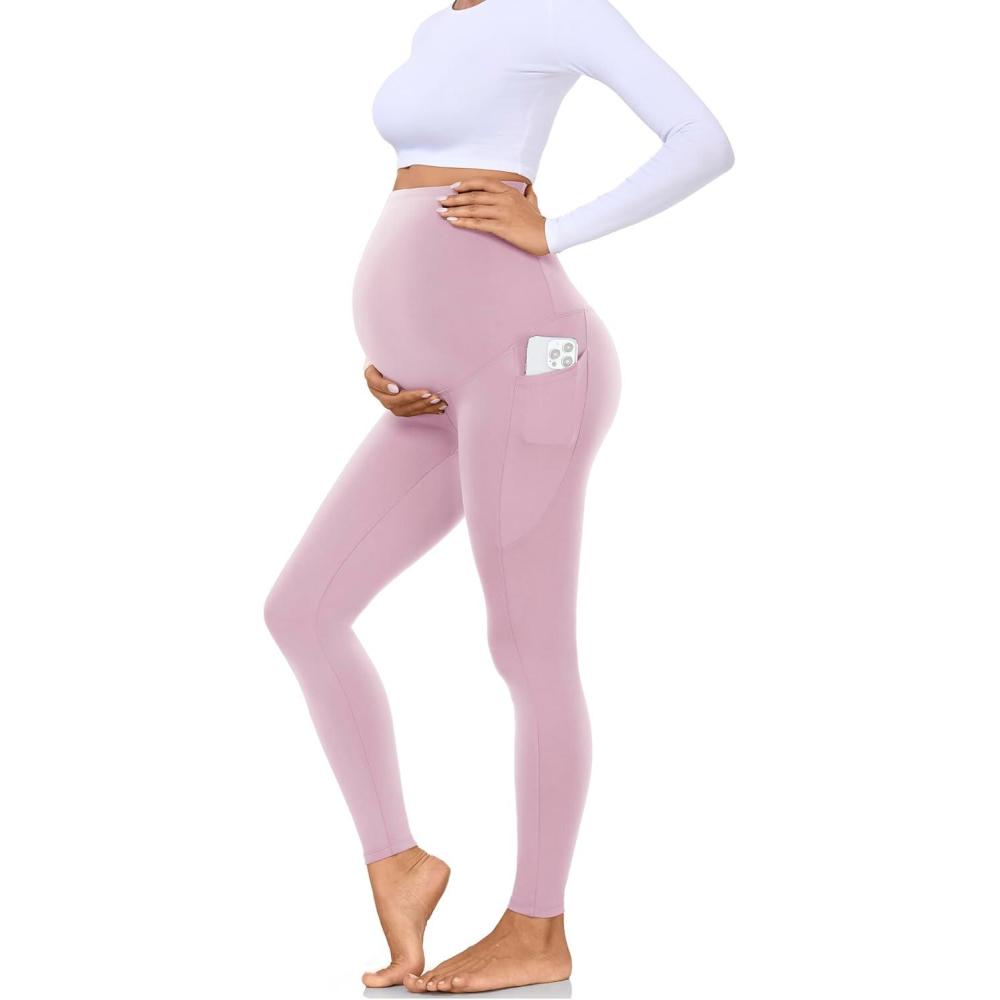 imageHi Clasmix Buttery Soft Maternity Leggings Over The Belly with PocketsNonSeeThrough Workout Pregnancy Yoga Pants31 Pack Pink