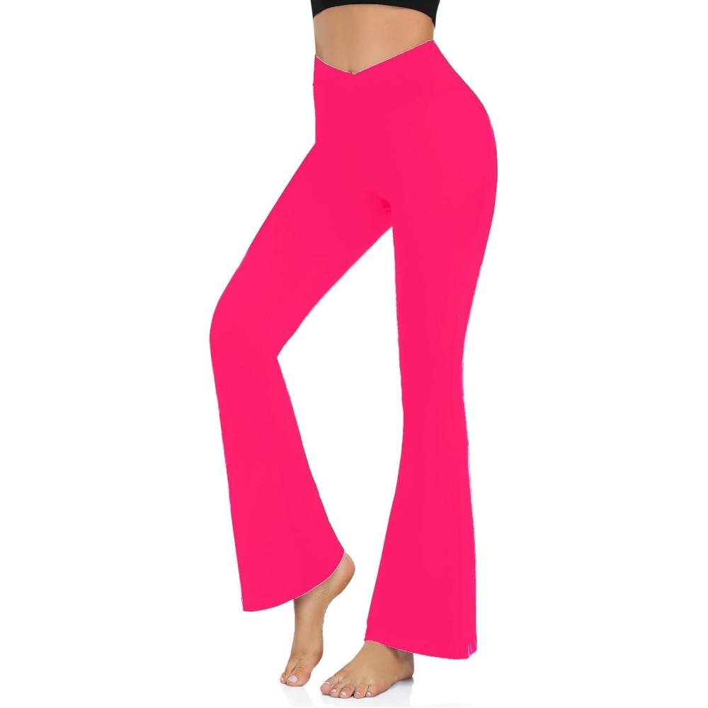 imageHi Clasmix Flare Leggings for Women  High Waist Crossover Yoga Pants Tummy Control Bootcut Bell Bottom Jazz Lounge Leggings2hot Pink