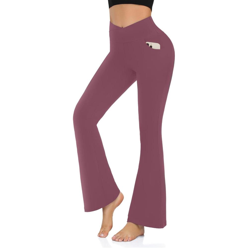 imageHi Clasmix Flare Leggings for Women  High Waist Crossover Yoga Pants Tummy Control Bootcut Bell Bottom Jazz Lounge LeggingsPocketsdusty Rose