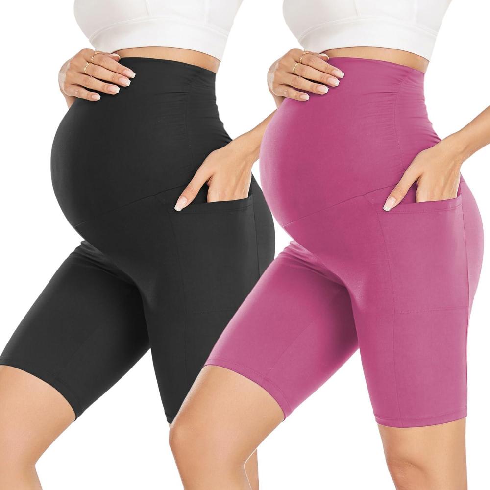 imageHi Clasmix Maternity Shorts Over Belly Pregnancy Biker Shorts with Pockets Active Athletic Yoga Short Pants Summer Clothes52 Pack Black pink