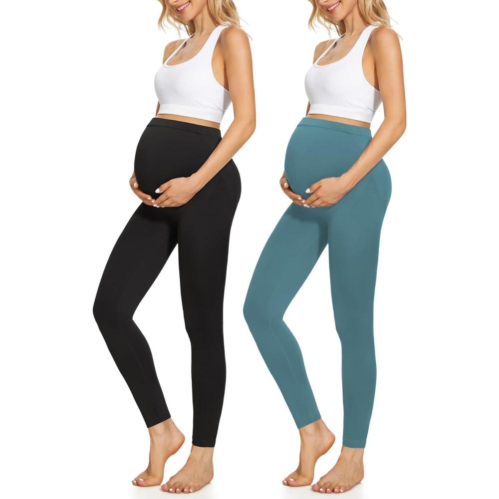 imageMaternity Leggings Over The Belly Butt Lift  Buttery Soft NonSeeThrough Workout Pregnancy LeggingsBlackDark GreenMedium