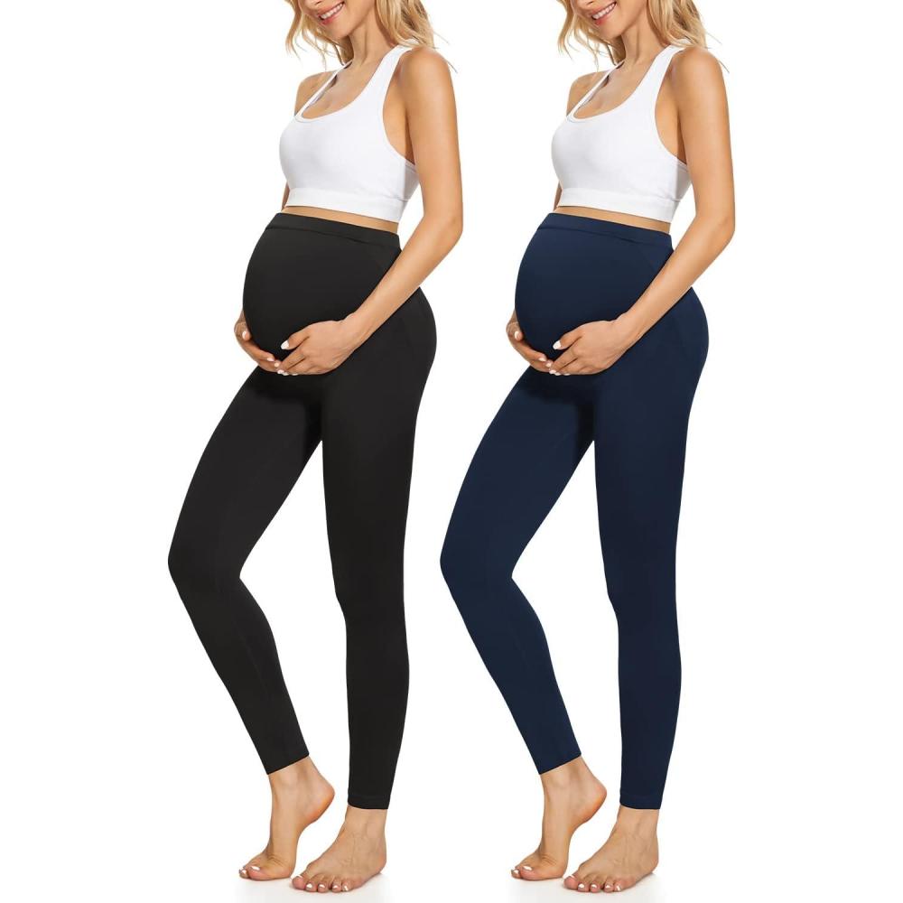 imageMaternity Leggings Over The Belly Butt Lift  Buttery Soft NonSeeThrough Workout Pregnancy LeggingsBlackNavyMedium