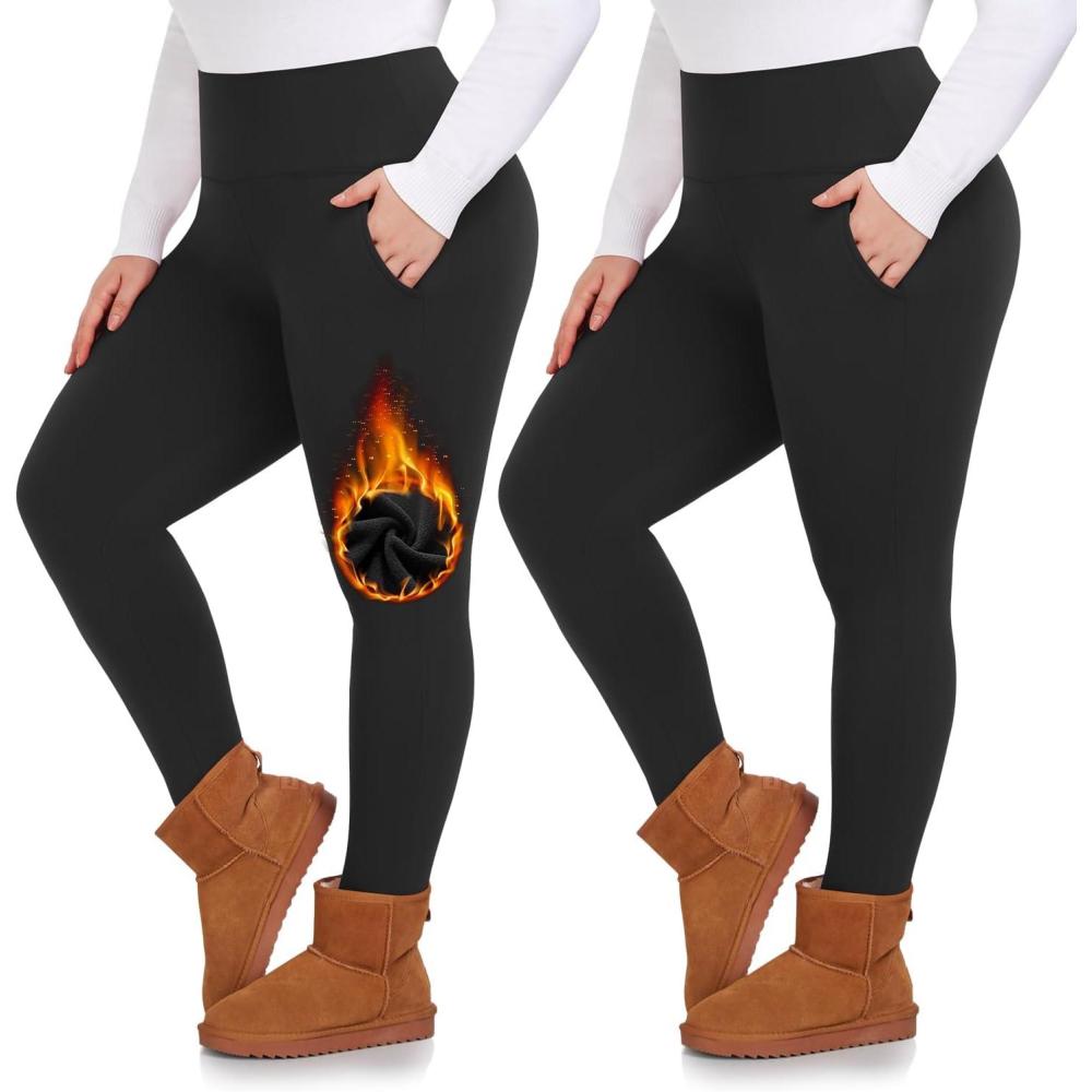 imagePlus Size Leggings Fleece Lined with Pockets for Womem 1X4X High Waist Tummy Control Soft Thermal Warm Workout Yoga Pants