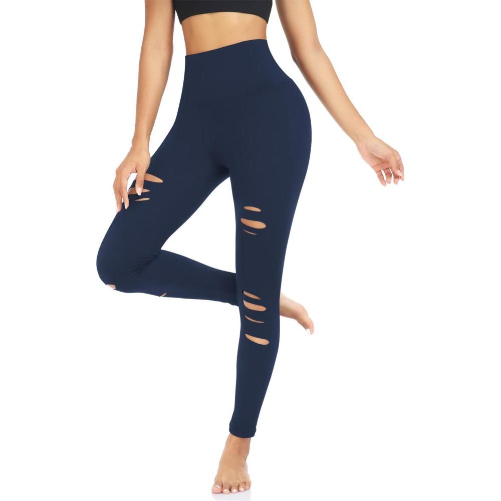 imageWomens High Waist Yoga Pants Cutout Ripped Tummy Control Workout Running Yoga Skinny Leggings