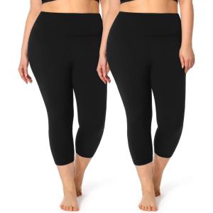 2 Pack Plus Size Capri Leggings for Curvy Women -1X-4X High Waisted Tummy Control&Soft Yoga Workout Gym Tights Pants(1-2 Pack Black)
