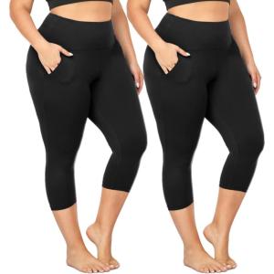 2 Pack Plus Size Capri Leggings for Curvy Women -1X-4X High Waisted Tummy Control&Soft Yoga Workout Gym Tights Pants(1-2 Pack Black Leggings With Pockets)