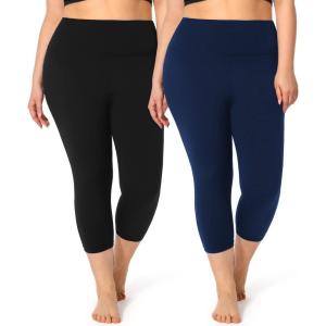 2 Pack Plus Size Capri Leggings for Curvy Women -1X-4X High Waisted Tummy Control&Soft Yoga Workout Gym Tights Pants(2-2 Pack Black+navy)