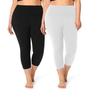 2 Pack Plus Size Capri Leggings for Curvy Women -1X-4X High Waisted Tummy Control&Soft Yoga Workout Gym Tights Pants(3-2 Pack Black+white)