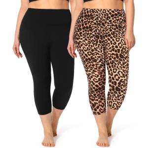 2 Pack Plus Size Capri Leggings for Curvy Women -1X-4X High Waisted Tummy Control&Soft Yoga Workout Gym Tights Pants(6-2 Pack Black+leapord)