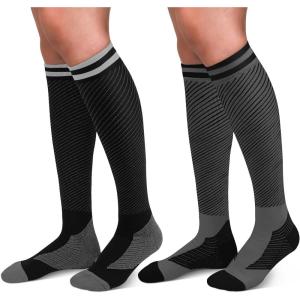 30-40mmHg Medical Graduated Compression Socks for Women&Men Circulation-Compression Stockings-Knee High Socks for Support,Hiking,Running(2-2 Pack Strip Black  Grey)