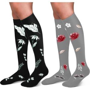 30-40mmHg Medical Graduated Compression Socks for Women&Men Circulation-Compression Stockings-Knee High Socks for Support,Hiking,Running(7-2 Pack Flowers Black grey)