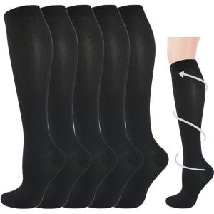 Graduated Compression Socks for Women&Men 20-30mmhg Knee High Socks Travel Hiking Running Stocking(01-5 Pairs Black)