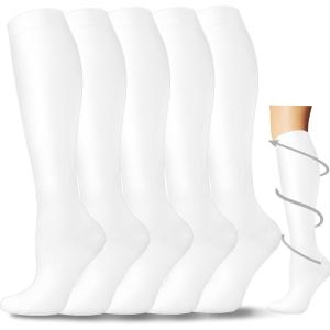 Graduated Compression Socks for Women&Men 20-30mmhg Knee High Socks Travel Hiking Running Stocking(02-5 Pairs White)