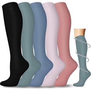 Graduated Compression Socks for Women&Men 20-30mmhg Knee High Socks Travel Hiking Running Stocking(04-5 Pairs Multi Solid 02)
