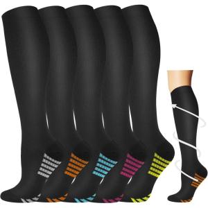 Graduated Compression Socks for Women&Men 20-30mmhg Knee High Socks Travel Hiking Running Stocking(04-5 Pairs Multi Stripe)
