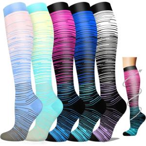 Graduated Compression Socks for Women&Men 20-30mmhg Knee High Socks Travel Hiking Running Stocking(05-5 Pairs Multi Stripe 03)