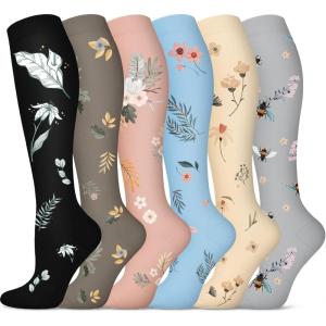 Graduated Compression Socks for Women&Men 20-30mmhg Knee High Socks Travel Hiking Running Stocking(08-6 Pairs Flower Series 01)